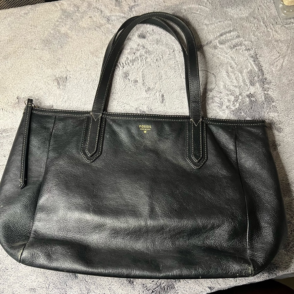 FOSSIL Sydney Black Leather Shopper Tote Shoulder Bag